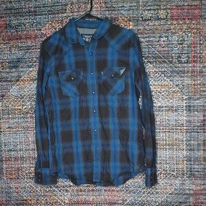 American Eagle mens blue black brown Vintage Fit plaid western shirt M EUC
